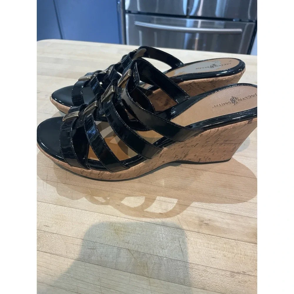 Jaclyn Smith Black Cork Wedge Gold Buckle Patent Faux Leather Strappy Shoes 8 W